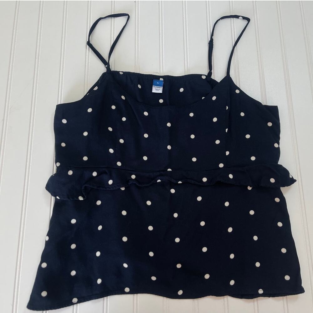 Old‎ Navy Navy Blue White Polka Dot Spaghetti Strap Ruffle Tank Top - Size Large